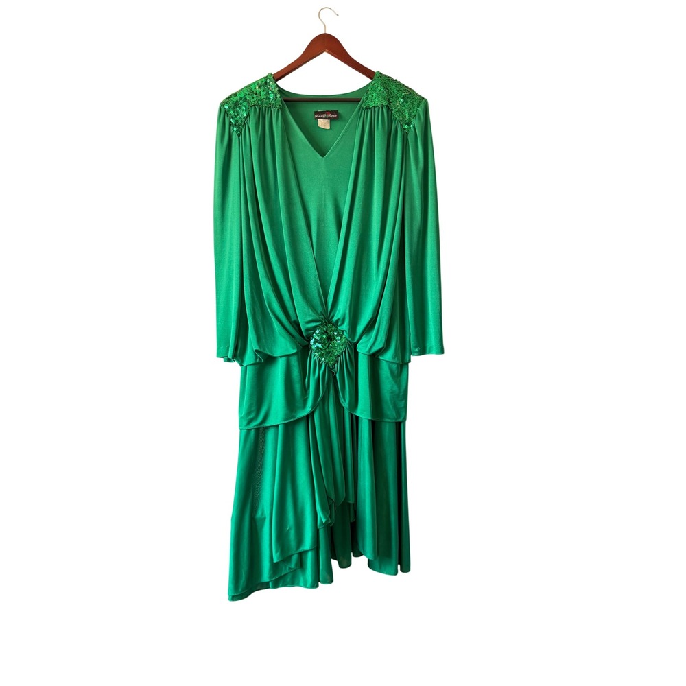 David Rose Vintage 80s Green Sequin Draped Tiered Cocktail Dress Emerald XXL